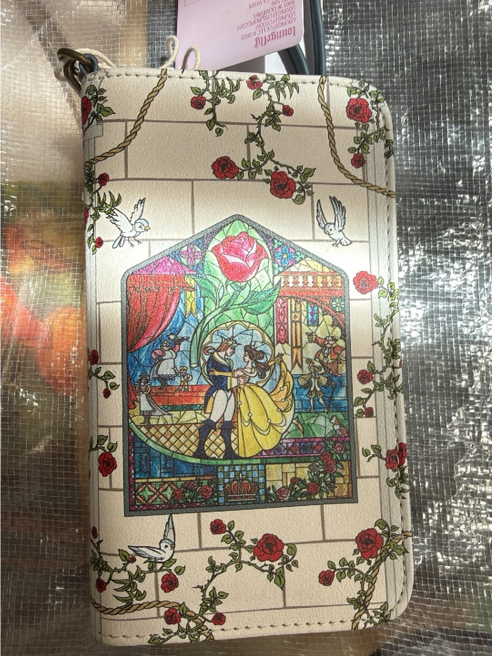 Loungefly Cream Wallet with Red Rose Stained-Glass Belle and Beast Scene
